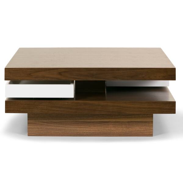 Shop Aisha Walnut Finish Square Coffee Table With White Swivel Trays Overstock 19977631