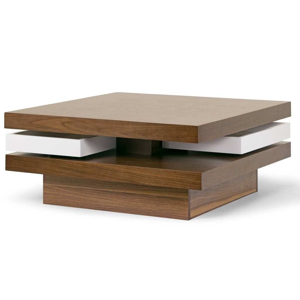 Aisha Walnut Finish Square Coffee Table with White Swivel Trays