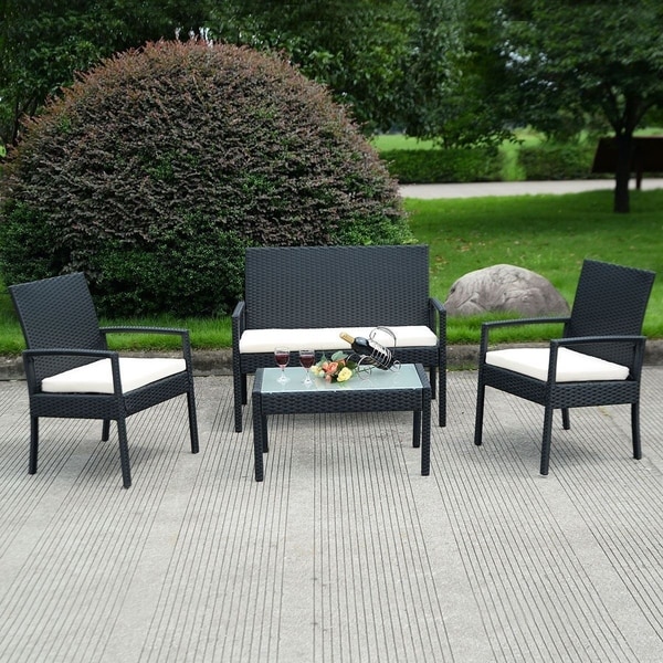 IDS Home 4 Pieces Rattan Patio Furniture Set White Cushioned Black Rattan