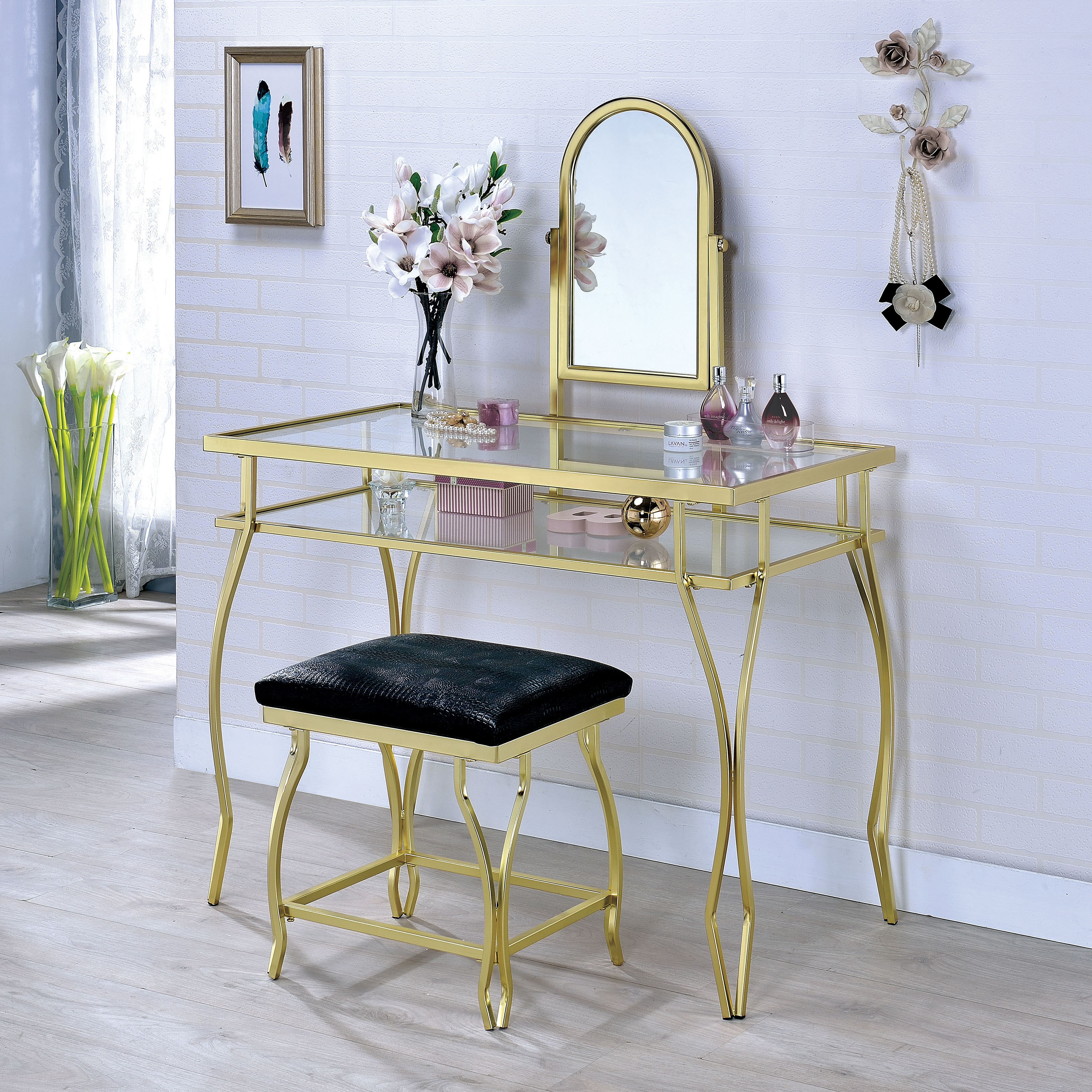 Furniture Of America Mowe Contemporary Metal 3 Piece Vanity Set With Stool Overstock 19981912 Champagne