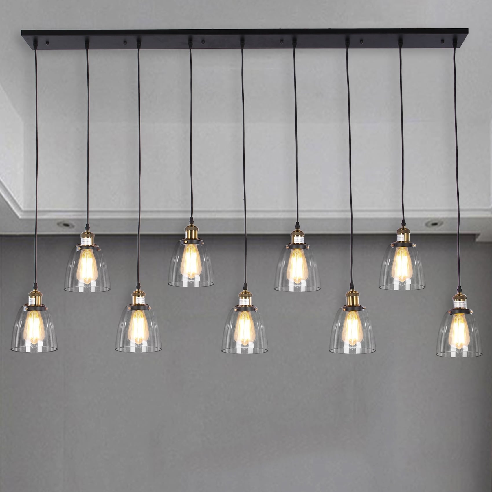 Laurden 9-light Lilnear Chandelier Clear Glass Shade includes Edison Bulbs (9-light Linear Chandelier Clear Glass Shade) - Chandeliers For Bedrooms by Overstock.com
