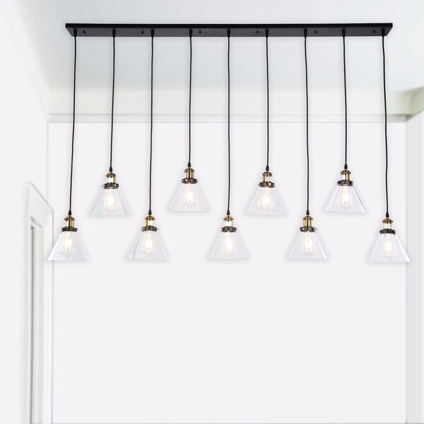 Rados Antique Bronze 9-light Linear Chandelier with Clear Shades includes Edison Bulbs