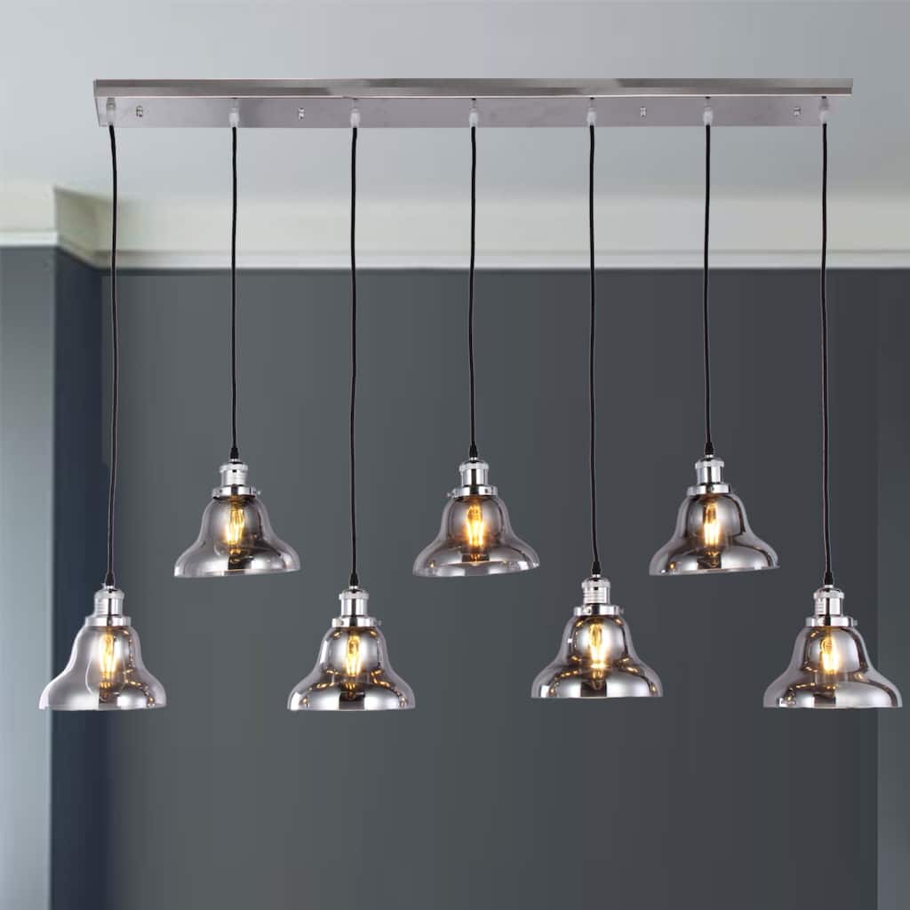 Jaslil Chrome 7-light Chandelier with 8-inch Smokey Glass Shades includes Edison Bulbs