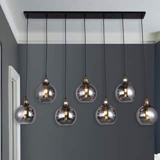 Warehouse Of Tiffany Island Ceiling Lights Online At Aira Black And Bronze Metal 7 Light Linear Chandelier With 8 Inch Smoked Gl
