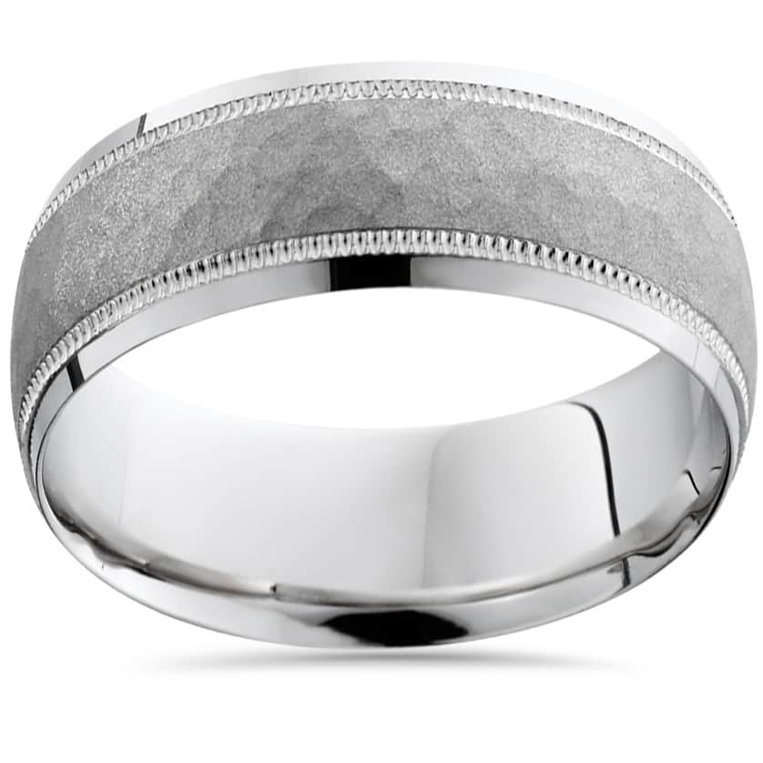 Pompeii3 10k White Gold Mens Brushed Hammered 8MM Ring Wedding Band Comfort Fit