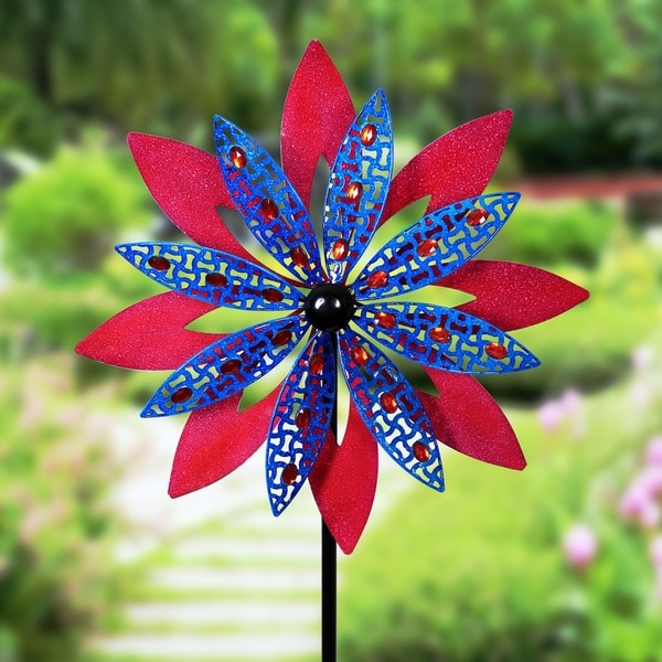 Giant Kinetic Red & Blue Garden Stake with Beads