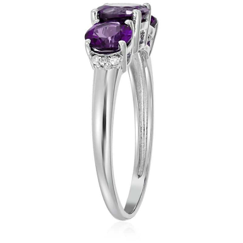 Sterling Silver Amethyst and Diamond Accented 3-stone Engagement Ring - Purple