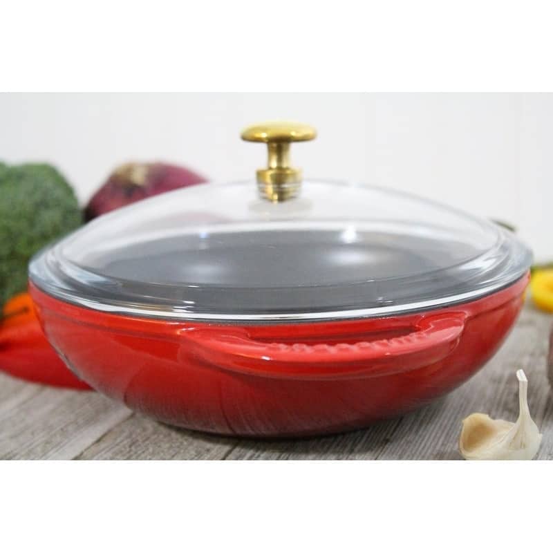 Chasseur 6-inch Red French Enameled Cast Iron Wok with Glass Lid