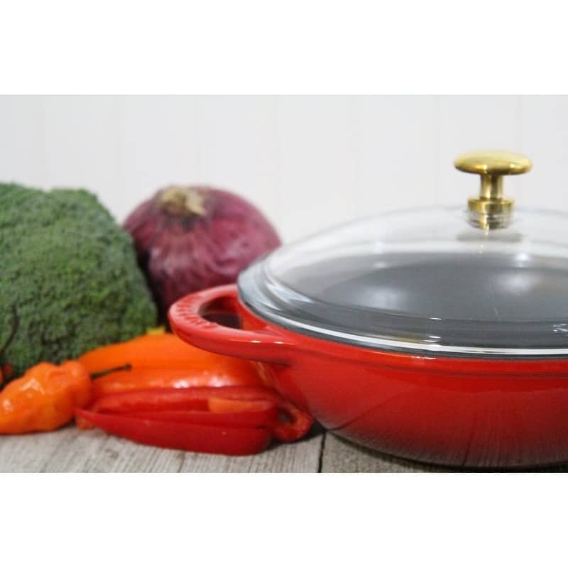 Chasseur 6-inch Red French Enameled Cast Iron Wok with Glass Lid