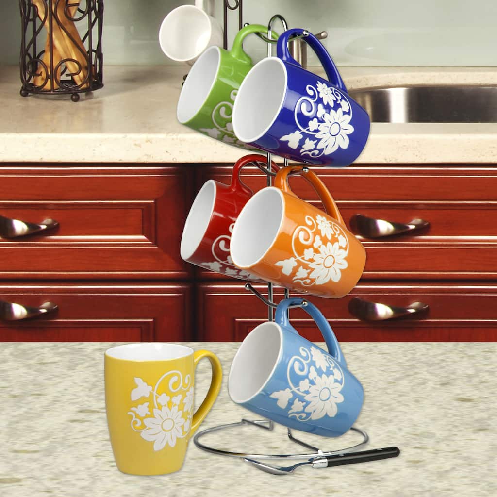 Home Basics Multicolor 6-piece Stoneware Floral Mug Set and Stand