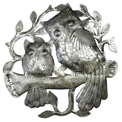 Handmade Pair of Owls on Perch Metal Wall Art (Haiti)