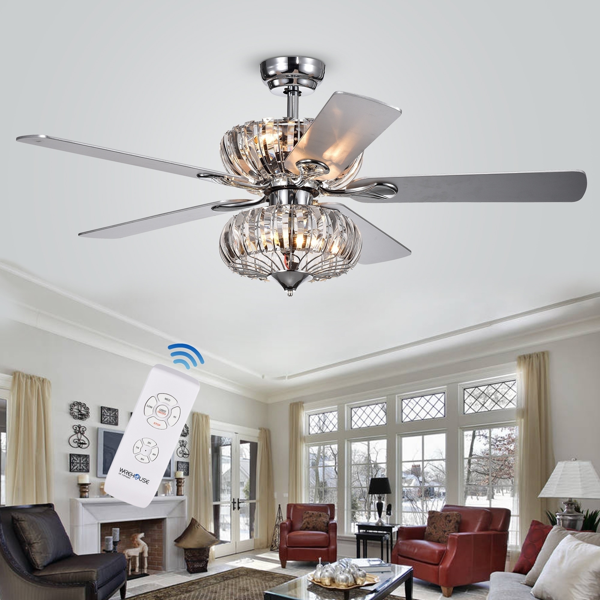 Kyana 6 Light Crystal 5 Blade 52 Inch Chrome Ceiling Fan Remote Optional 2 Color Option Blades