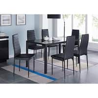 IDS Home 7 Pieces Modern Glass Dining Table Set Faxu Leather With 6 Black Chairs