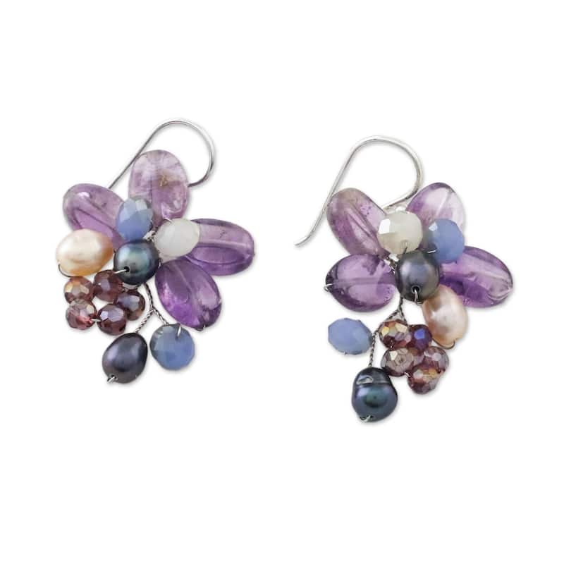 Handmade Sterling Silver 'Elegant Flora' Amethyst Cultured Pearl Earrings (5 mm) (Thailand)