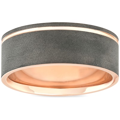 Pompeii3 14k Rose Gold Black Brushed Finish Mens 7MM Comfort Fit Ring Wedding Band - White