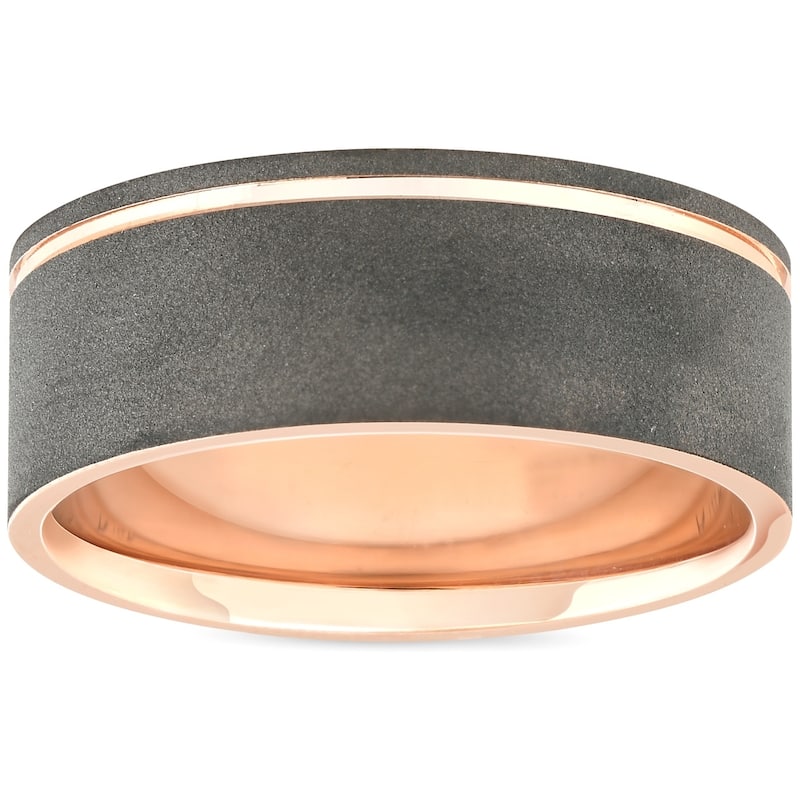 Pompeii3 14k Rose Gold Black Brushed Finish Mens 7MM Comfort Fit Ring Wedding Band - White