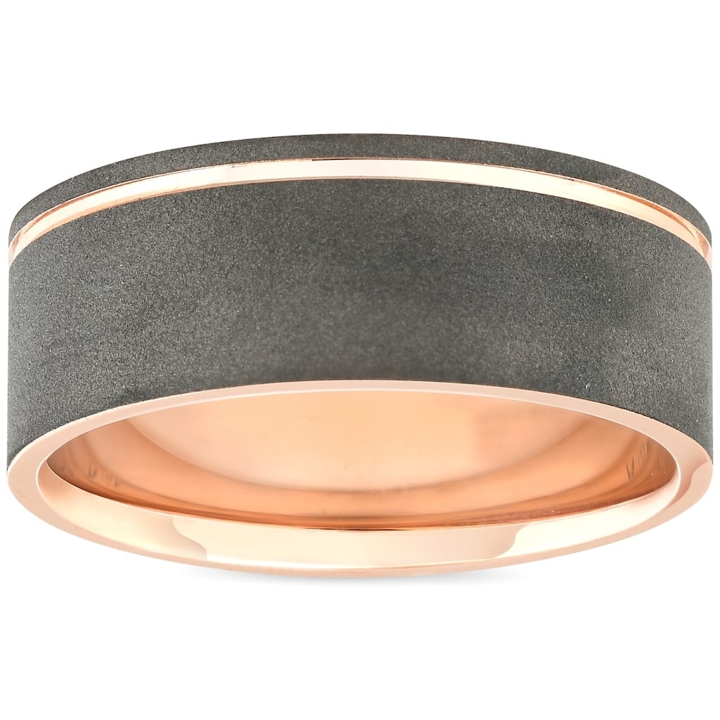 Pompeii3 14k Rose Gold Black Brushed Finish Mens 7MM Comfort Fit Ring Wedding Band - White