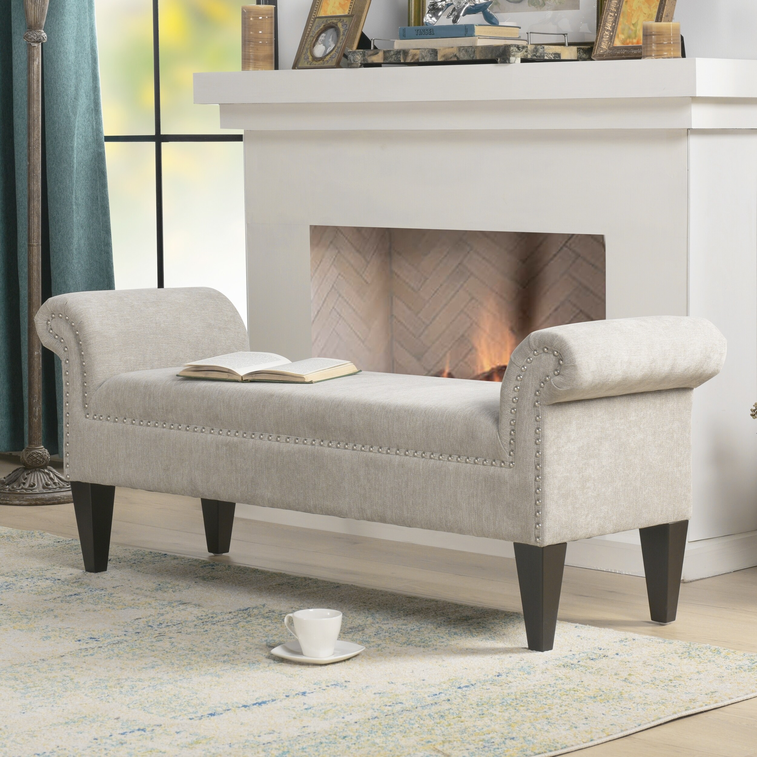 Ashley Roll Arm Studded Bench by Jennifer Taylor Home Silver Grey