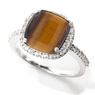Unique Vintage Tigers Eye Gemstone Surrounded with Prong Set Zircon Sterling Silver Ring