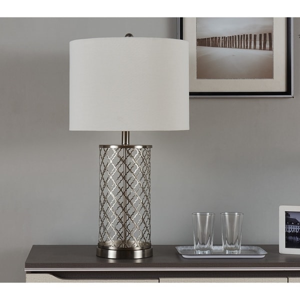 IDS Home Simple Hollow Out Designs Brushed Nickle Steel Table Lamp with Off-white linen shade
