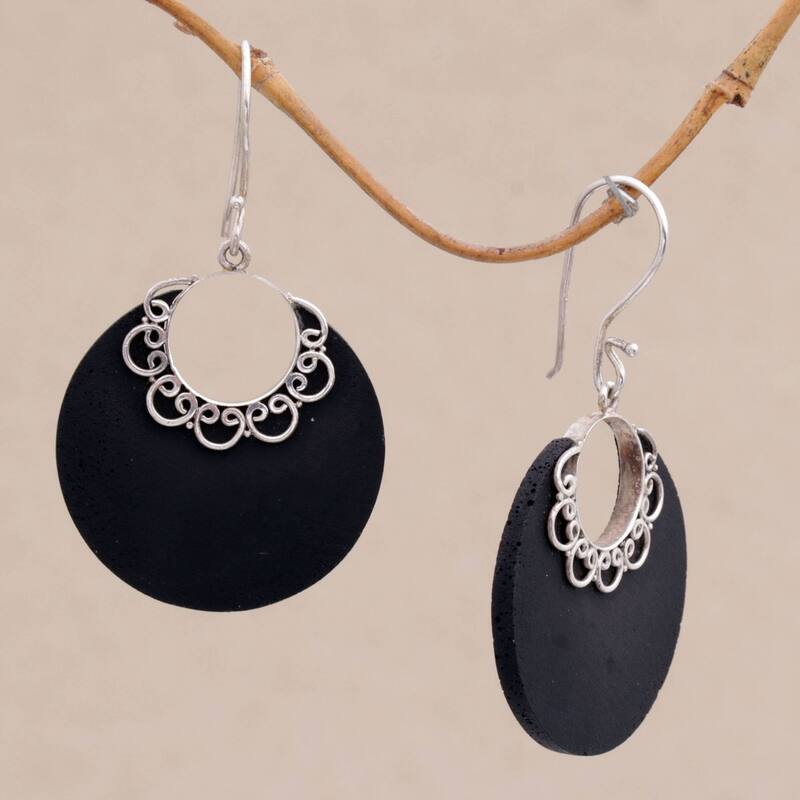 NOVICA Handmade Sterling Silver Lava Stone Crescent Lace Earrings (Indonesia) - 2*1.1