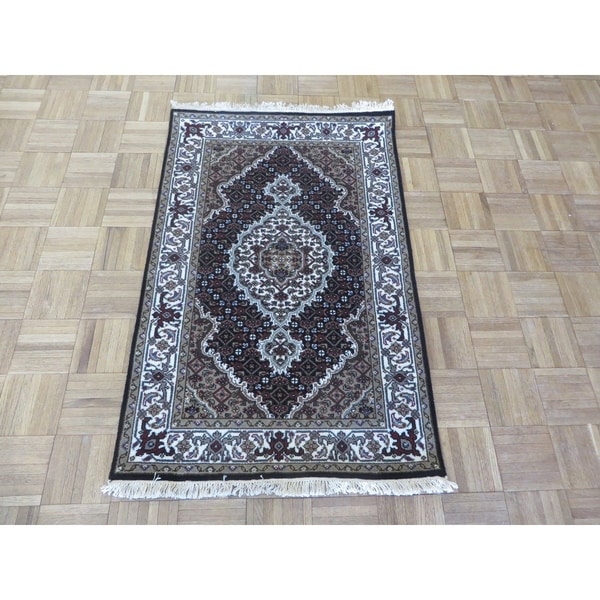 Hand Knotted Black Mahi Tabriz with Wool & Silk Oriental Rug - 2'7" x 4'