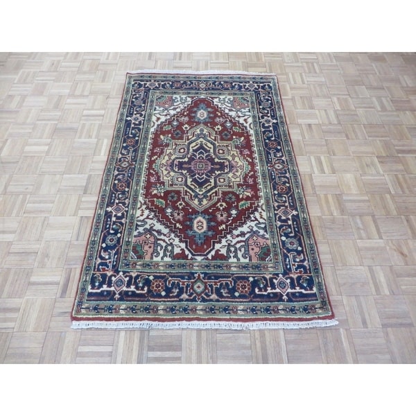 Hand Knotted Rust Red Serapi Heriz with Wool Oriental Rug - 4' x 6'3"