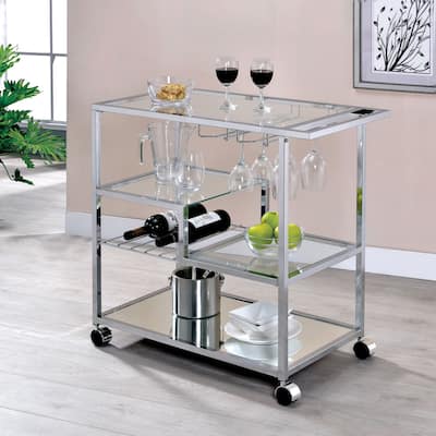 Baza Contemporary Chrome Metal Serving Cart with Stemware Rack by Furniture of America
