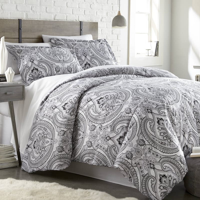 Vilano Premium Ultra-Soft Pure Melody Paisley Duvet Cover and Sham Set - black - grey - King - Cal King