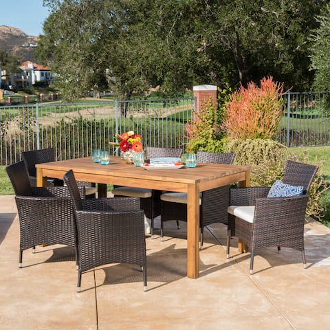 Oslo Outdoor Wicker Wood Expandable Rectangle Dining Set with Cushions by Christopher Knight Home