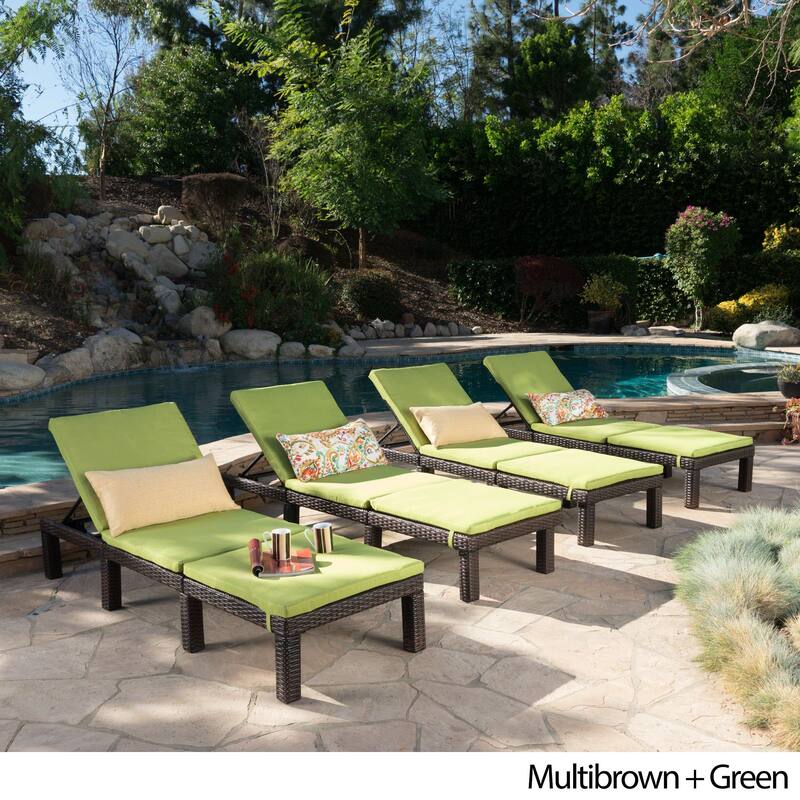 Jamaica Outdoor Wicker Chaise Lounge with Cushion (Set of 4) by Christopher Knight Home - Multibrown + Green