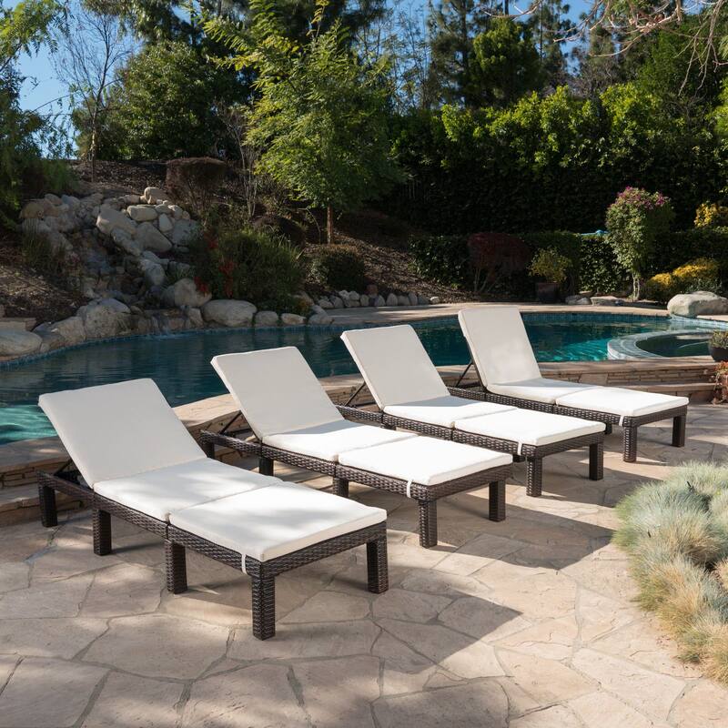 Jamaica Outdoor Wicker Chaise Lounge with Cushion (Set of 4) by Christopher Knight Home - Multibrown + Cream