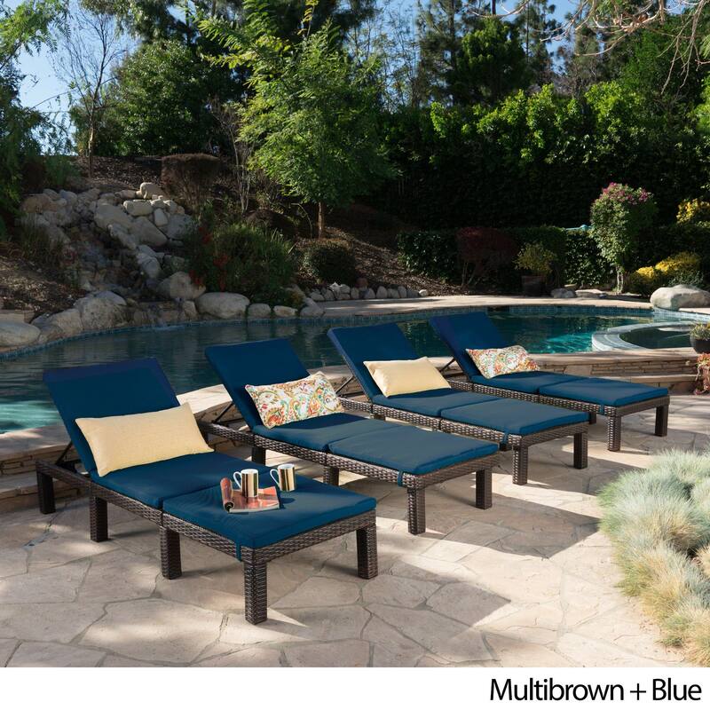 Jamaica Outdoor Wicker Chaise Lounge with Cushion (Set of 4) by Christopher Knight Home - Multibrown + Blue