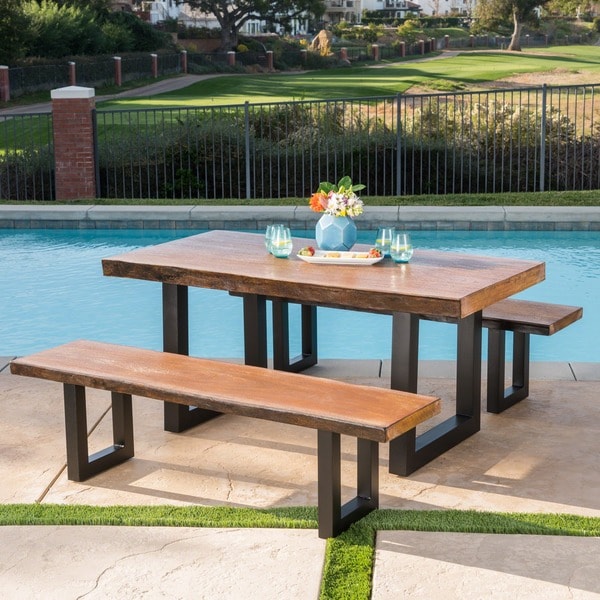 Caldwell Outdoor 3-piece Faux Live Edge Rectangle Light-Weight Concrete Picnic Dining Set by Christopher Knight Home