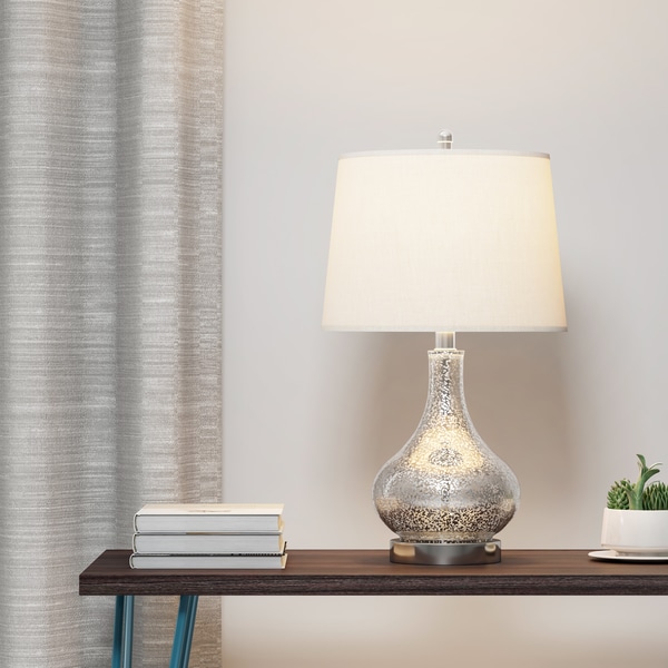 Palm Canyon Estaban Brushed-glass 24-inch 3-way Mercury Gourd Table Lamp with Beige Linen Drum Shade and Bulb