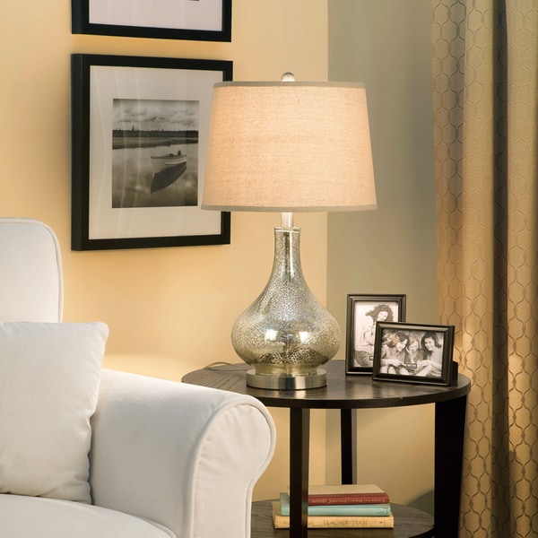 Palm Canyon Estaban Brushed-glass 24-inch 3-way Mercury Gourd Table Lamp with Beige Linen Drum Shade and Bulb