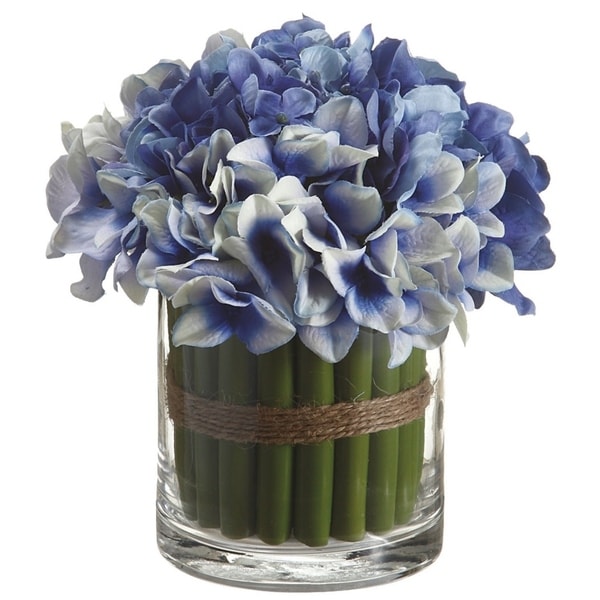 7" Hydrangea Standing Bouquet in Glass Vase Blue