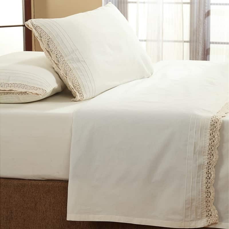 The Gray Barn Rocky River Ruffled Ivory Crochet All Cotton Percale Bed Sheet Set or Separates