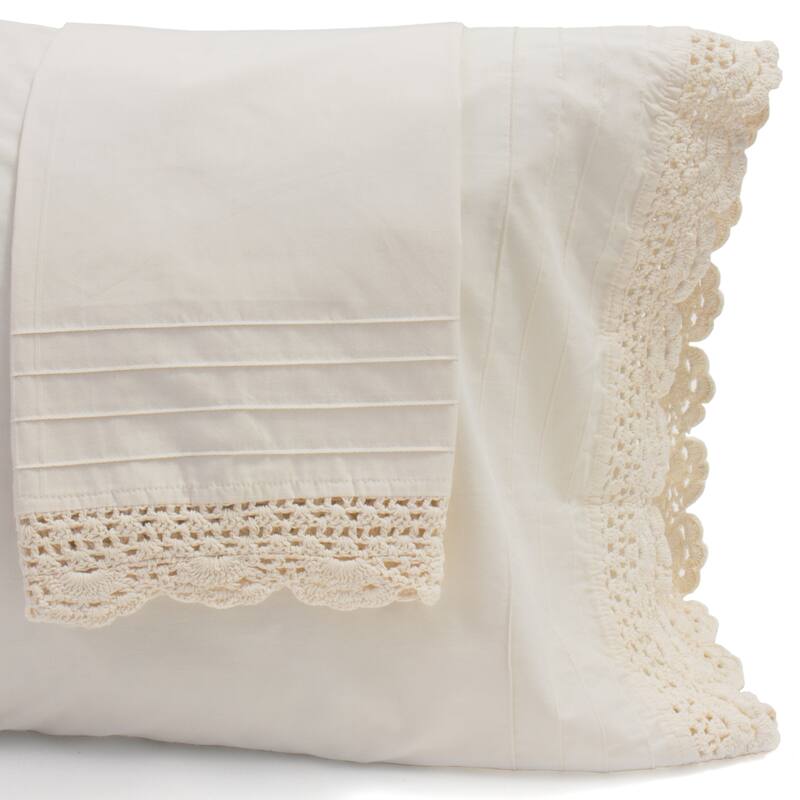 The Gray Barn Rocky River Ruffled Ivory Crochet All Cotton Percale Bed Sheet Set or Separates - 2 King Pillow Cases Only