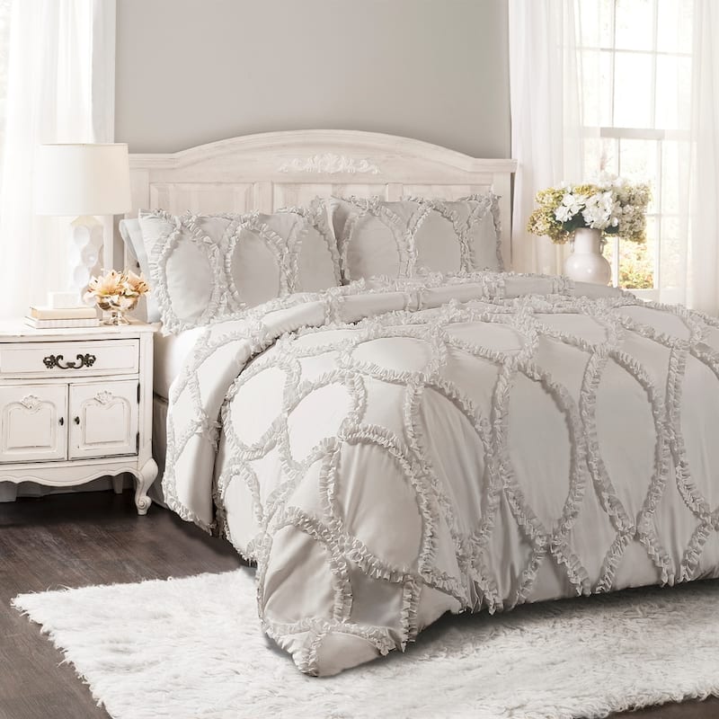 Lush Decor Avon Ruffled White 3-piece Comforter Set - Light Gray - King