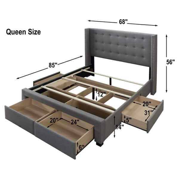 dimension image slide 2 of 4, Strick & Bolton Roth Grey Linen Wingback 4-drawer Storage Bed