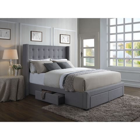 Strick & Bolton Roth Grey Linen Wingback 4-drawer Storage Bed