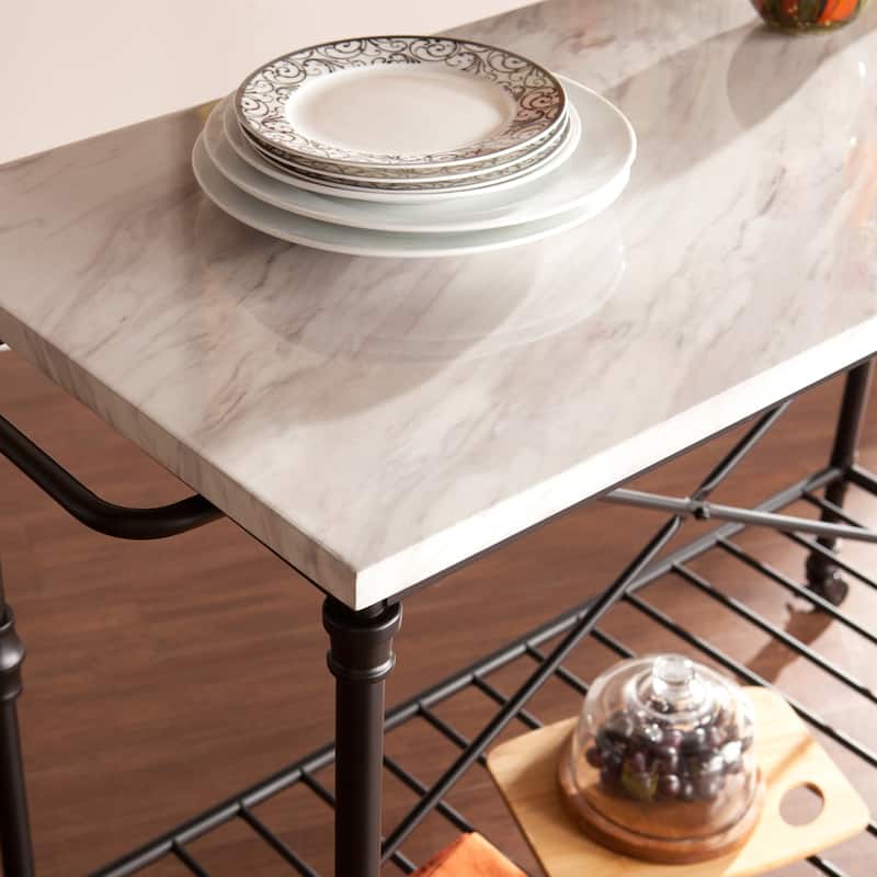 SEI Furniture Black Faux Marble Rolling Kitchen Island