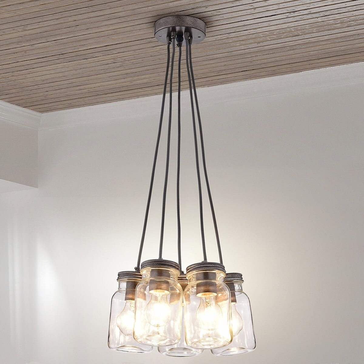 Antique Black Iron/Clear Glass 5-light Canning Jar Pendant Chandelier (5-Light, Clear Glass, Jar Pendant Chandelier) - Chandeliers For Bedrooms by Overstock.com