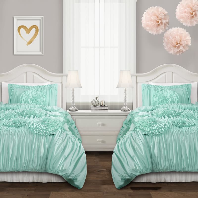 Silver Orchid O'Fredericks Ruffled Flower 3-piece Comforter Set - Aqua - Full - Queen