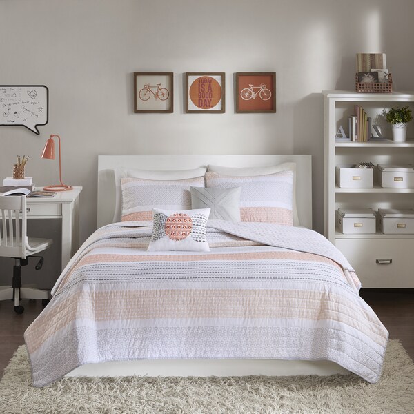 Intelligent Design Lou Coral Printed Reversible 5-piece Coverlet Set