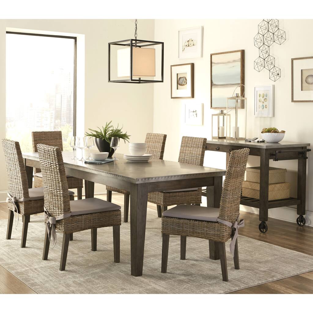 Rustic Industrial Design Metal Top Dining Set with Rattan Chairs and Kitchen Island Cart