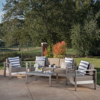 Cape Coral Outdoor 4 Piece Aluminum Chat Set with Water Resistant Cushions by Christopher Knight Home