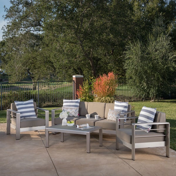 Shop Cape Coral Outdoor Aluminum 4 Piece Chat Set With Cushion By Christopher Knight Home Overstock 20169832