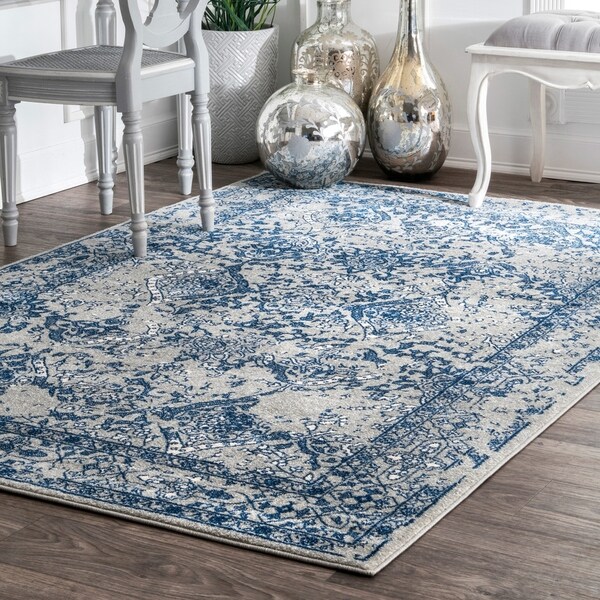 Maison Rouge Leah Vintage Floral Ornament Light Blue Rug (6'7 x 9')